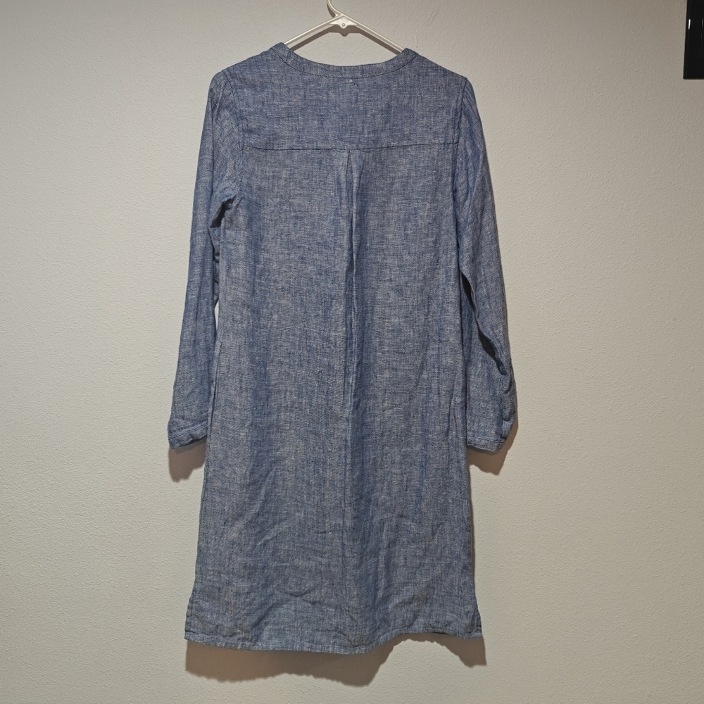 100% Linen Garnet Hill Dress Size 4 Blue Long Sleeve Boxy - Picture 3 of 6